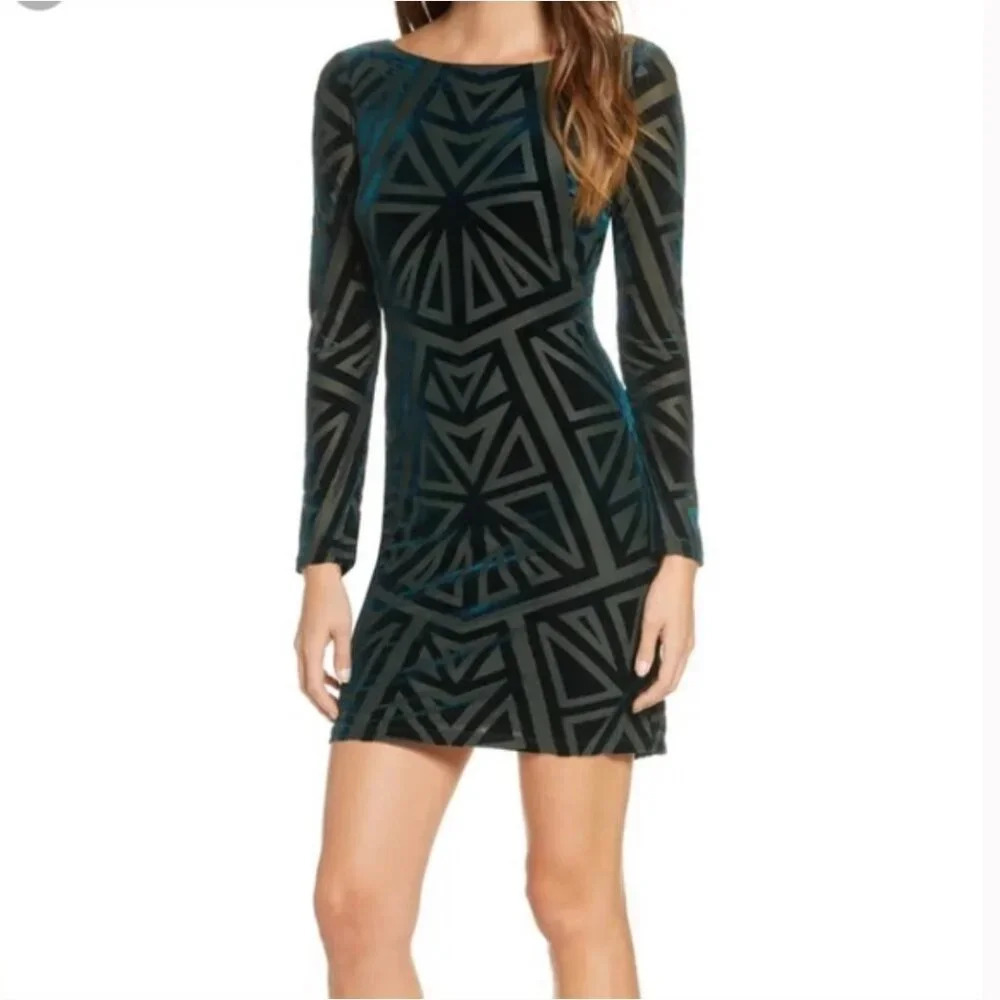 Vince Camuto Women 12 Velvet Burnout Geometric Dress Legacy Green Long Sleeve
